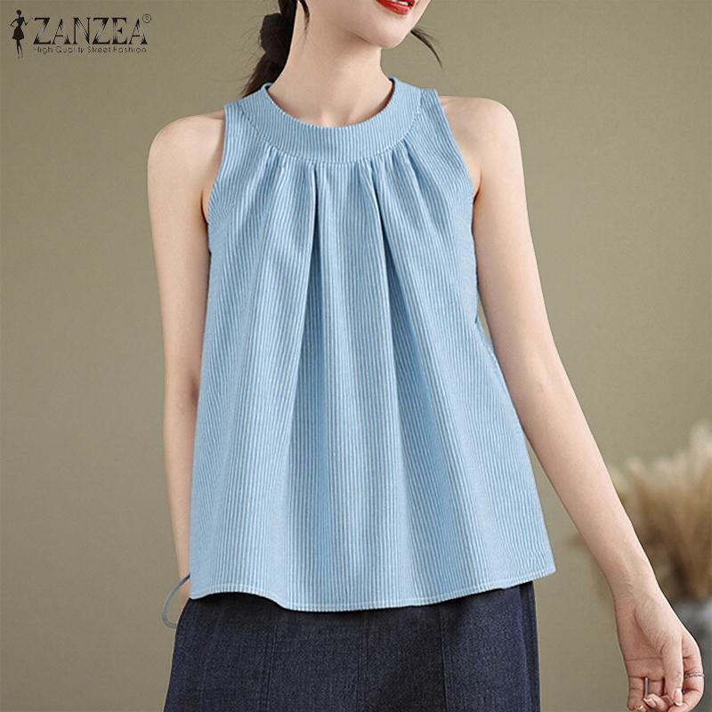 ZANZEA Women Casual Round Neck Summer Sleeveless Stripe Tank Tops