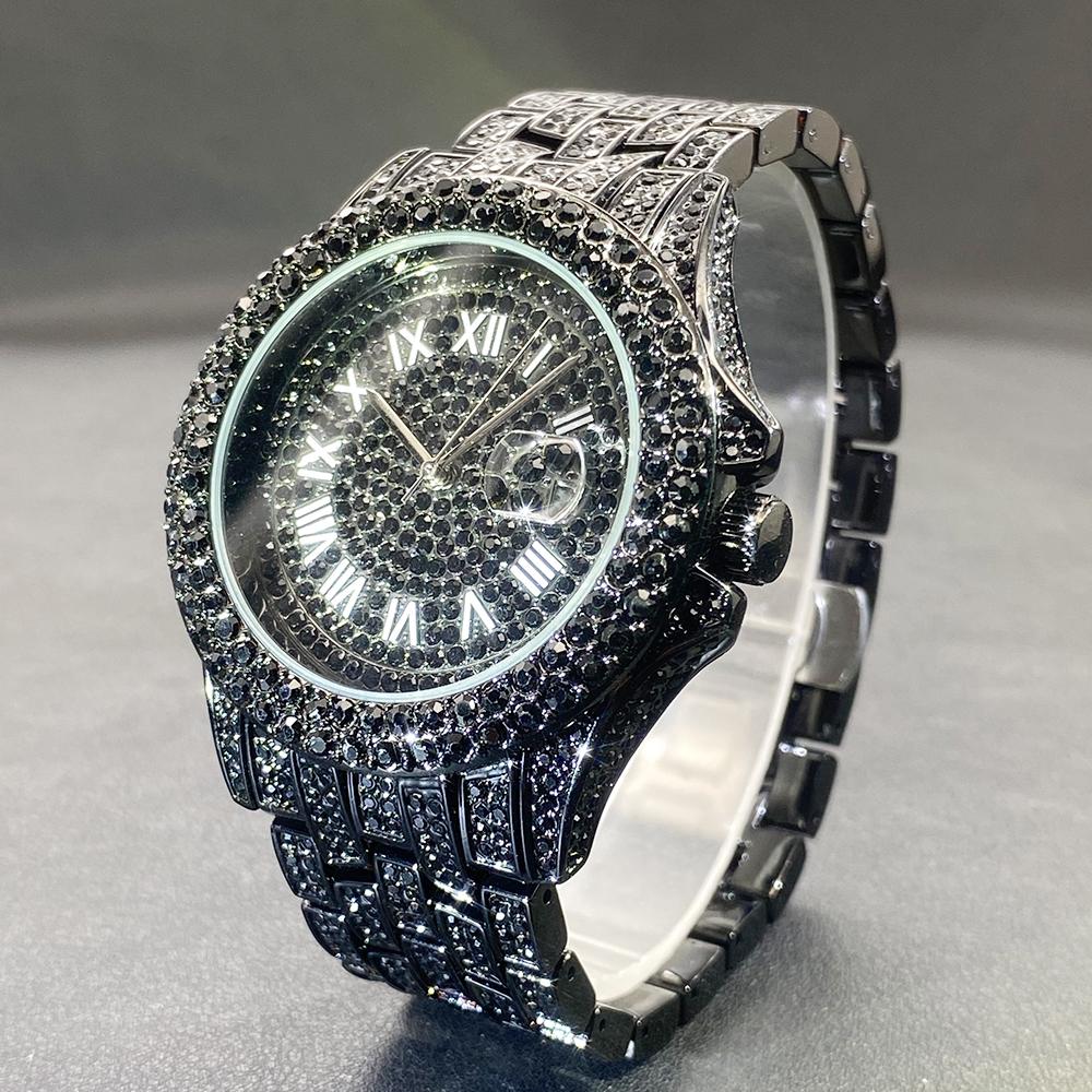 MISSFOX Luxury Iced Diamond Watch Men Automatic Date Fashion Waterproof Quartz Clocks Hip Hop Gold Jewelry Wristwatch Reloj