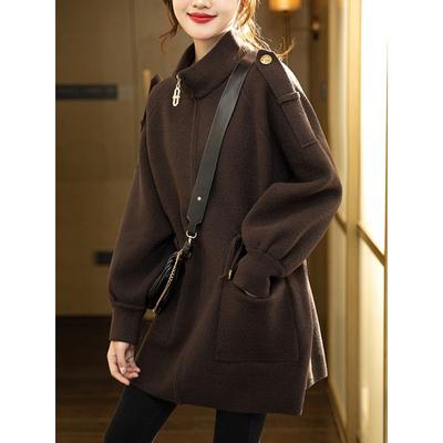 Modische, übergroße Damen-Winterjacke mit Stehkragen aus Wolle und locker sitzendem Mantel