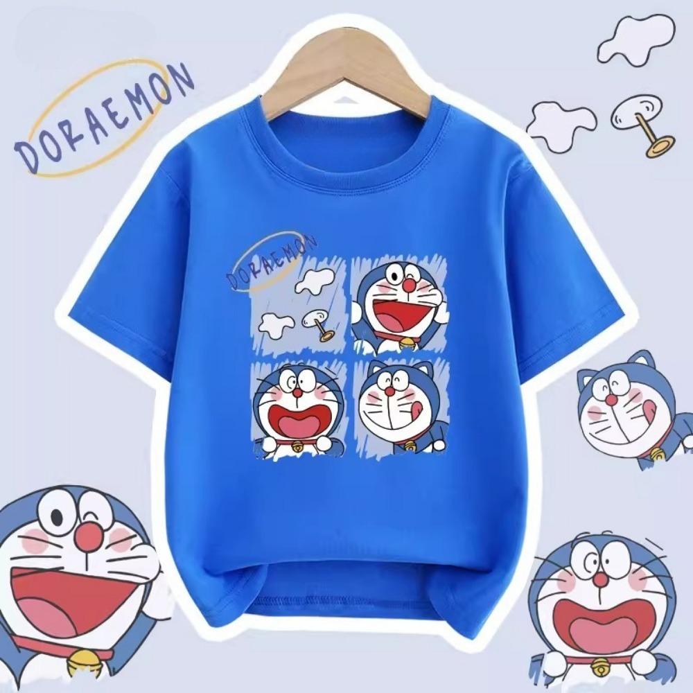 Potdemiel Summer New Doraemon Print Children's Pure Cotton T-Shirt, Boys and Girls Comfortable and Breathable Children's T-Shirt