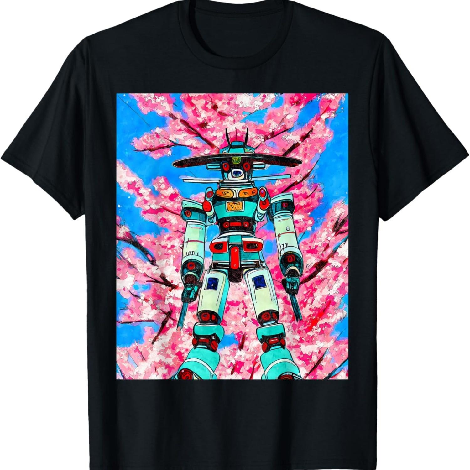 Mecha Robot Samurai & Sakura Ukiyoe Style Cherry Blossoms T-Shirt S чёрный