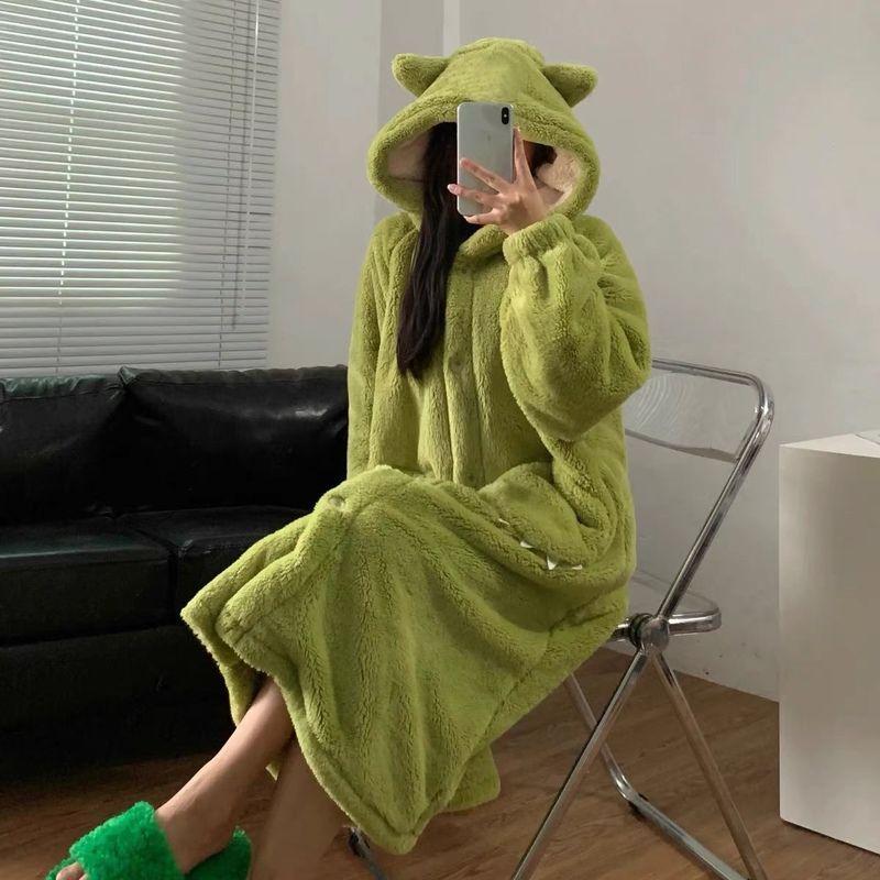 Cozy Hooded Velvet Nightgown with Big Eyes Design - Women's 2024 Winter Coral Fleece Loose-Fit Pajamas for Couples