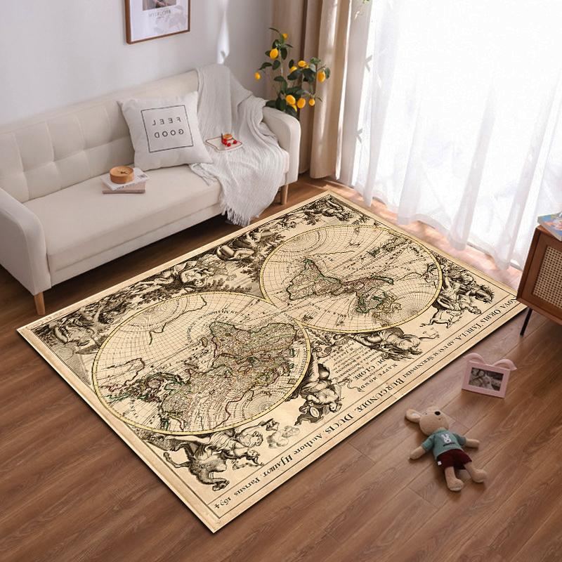 Vintage World Map with Mythological Figures - Non-slip rug suitable for living room and bedroom sofas.