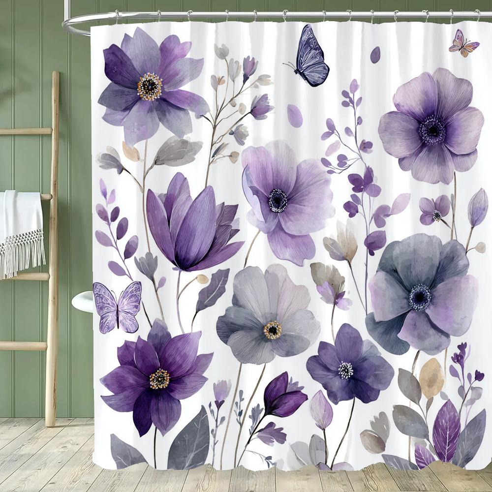 1pc Beautiful Blue Flowers Shower Curtain, Bathroom Decorative Curtain, Floral Printed Polyester Home Curtain with Hooks
