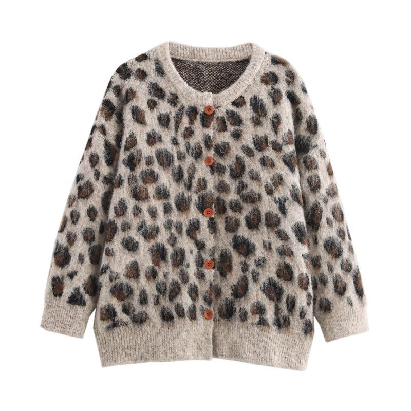 Leopard Print Round Neck Ribbed Knit Cardigan - European & American Style