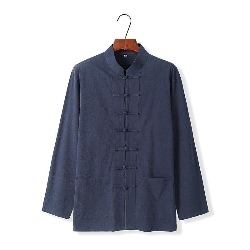Black White Chinese Shirt Man Linen Tang Suit Spring Autumn Long Sleeve Kung Fu Shirt Traditional Men Blouses