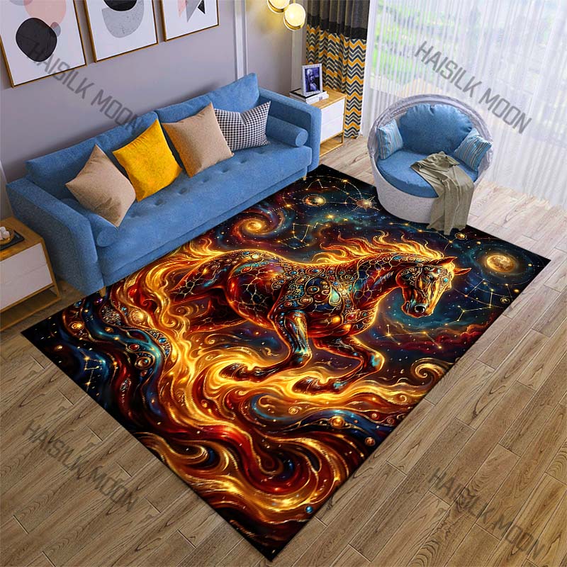 Fiery celestial horse in stars Print Carpet Rug for Living Room Bedroom Sofa Doormat Home Decor Non-slip Floor Mat