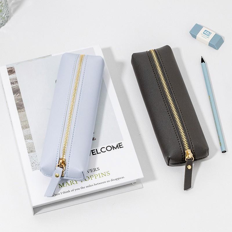 Large Capacity Zipper Pencil Case With Texture PU Leather Students School Supplies Organizer
