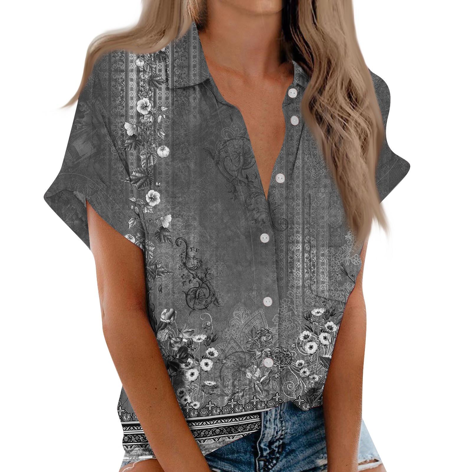 

Женская рубашка с короткими рукавами, повседневный модный топ на пуговицах с принтом, кардиган с нагрудным карманом S серый