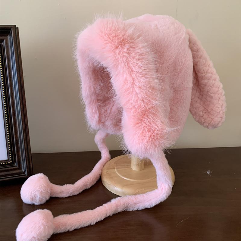 Cute Rabbit Ear Plush Warm Hat for Women Soft Faux Fur Ear Protection Beanies Cap Korean Girl Solid Color Windproof Snow Caps
