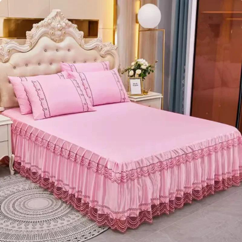 3-Piece Lace Bed Skirt Set Summer Dustproof Anti-Slip Ximengsi Protective Cover for Double Single Bed