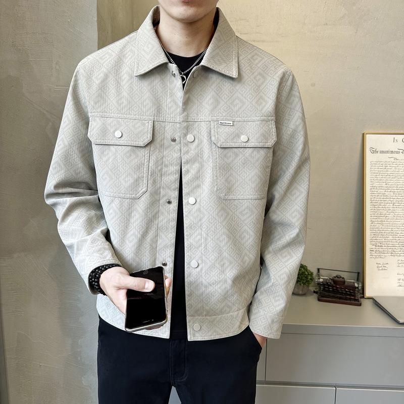 Мужская ретро японская рабочая кожаная куртка с воротником 2024 X-Large серый