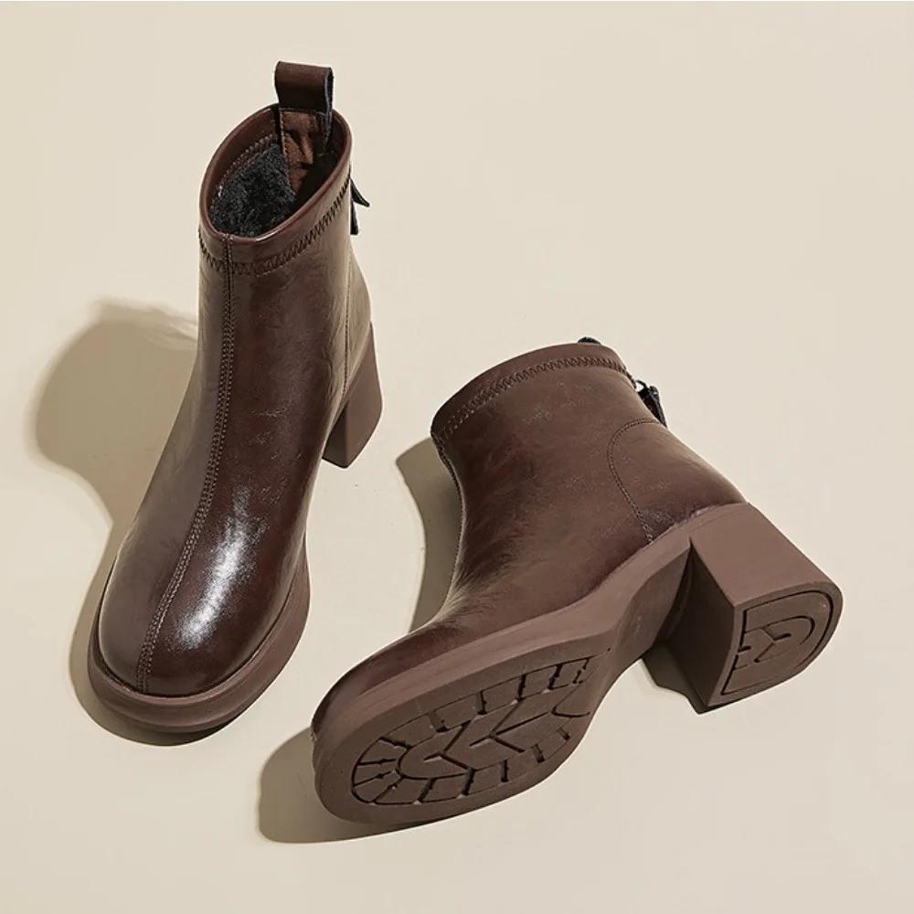 Ankle Boots for Women's Autumn and Winter New Products Platform Leather Slim Boots Back Zipper Short Boot Womens Casual Shoes