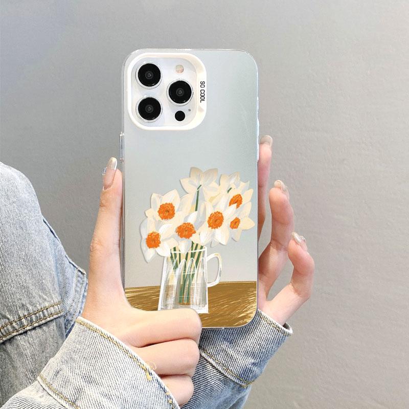 Vintage Art Hand Drawn Flowers Laser Phone Case For iPhone 17 16 Pro Max 15 14 Pro Max Plus 13 Mini 12 11 Pro Max Cover Fundas