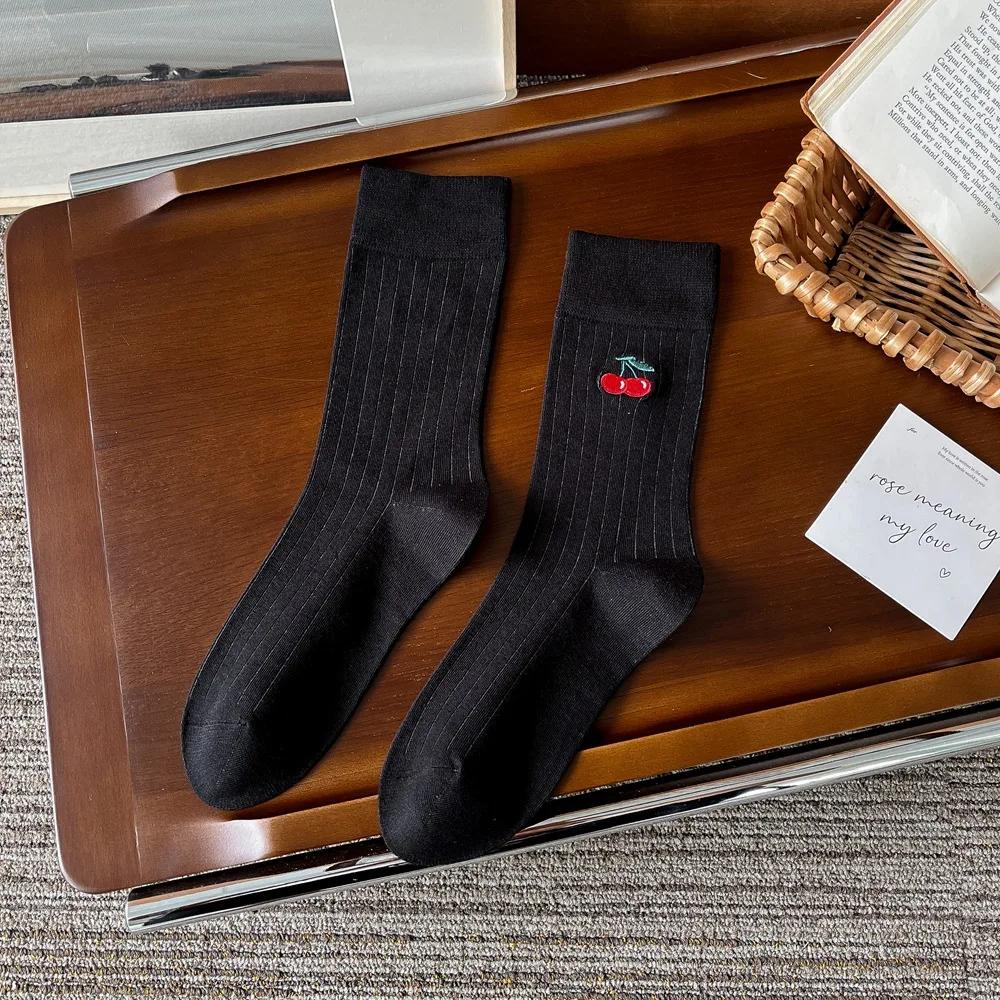 Embroidery Cherry Women Socks Japanese Fashion Knitted Cotton Black White Long Socks Women Sweet Girl Lolita Kawaii Ruffle Socks