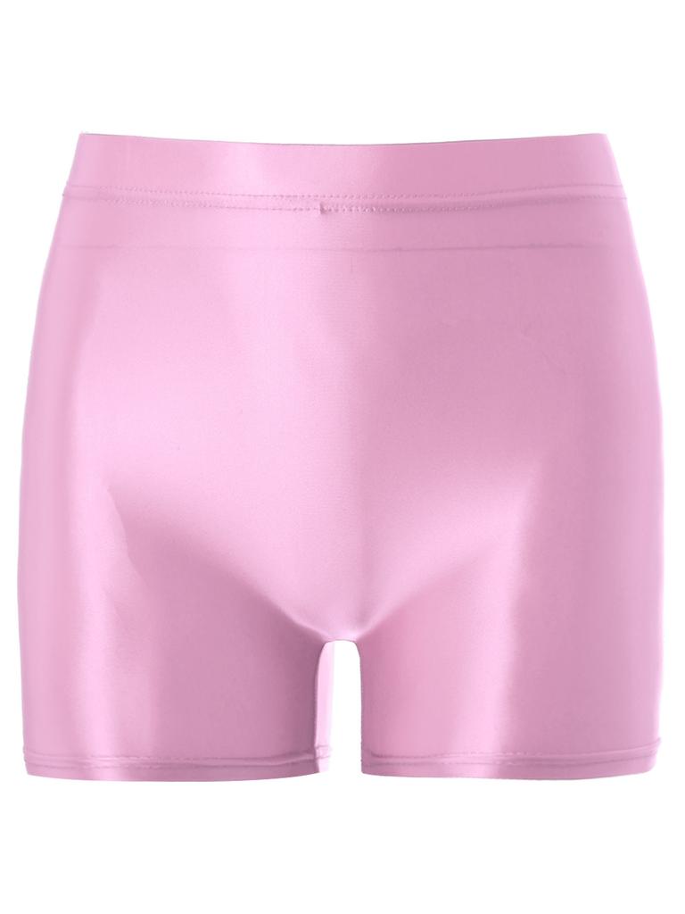 Womens Shiny Mid Waist Elastic Waist Shorts Swimwear Yoga Sportswear