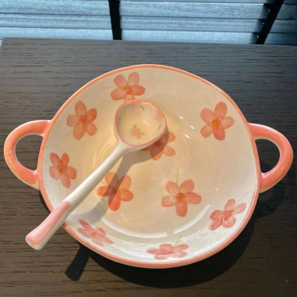 

Hand-Painted Flower Ceramic Bowl with Spoon - Multi-Use Salad/Snack/Dessert Bowl for Breakfast Oatmeal Microwave Safe Kitchenwar 7.5 inch рожевий