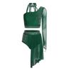Completo da Donna Crop Top e Pantaloncini Scollo all'americana Manica Lunga Singola Schiena con Laccetti Orlo Asimmetrico in Rete Strass Danza Latina