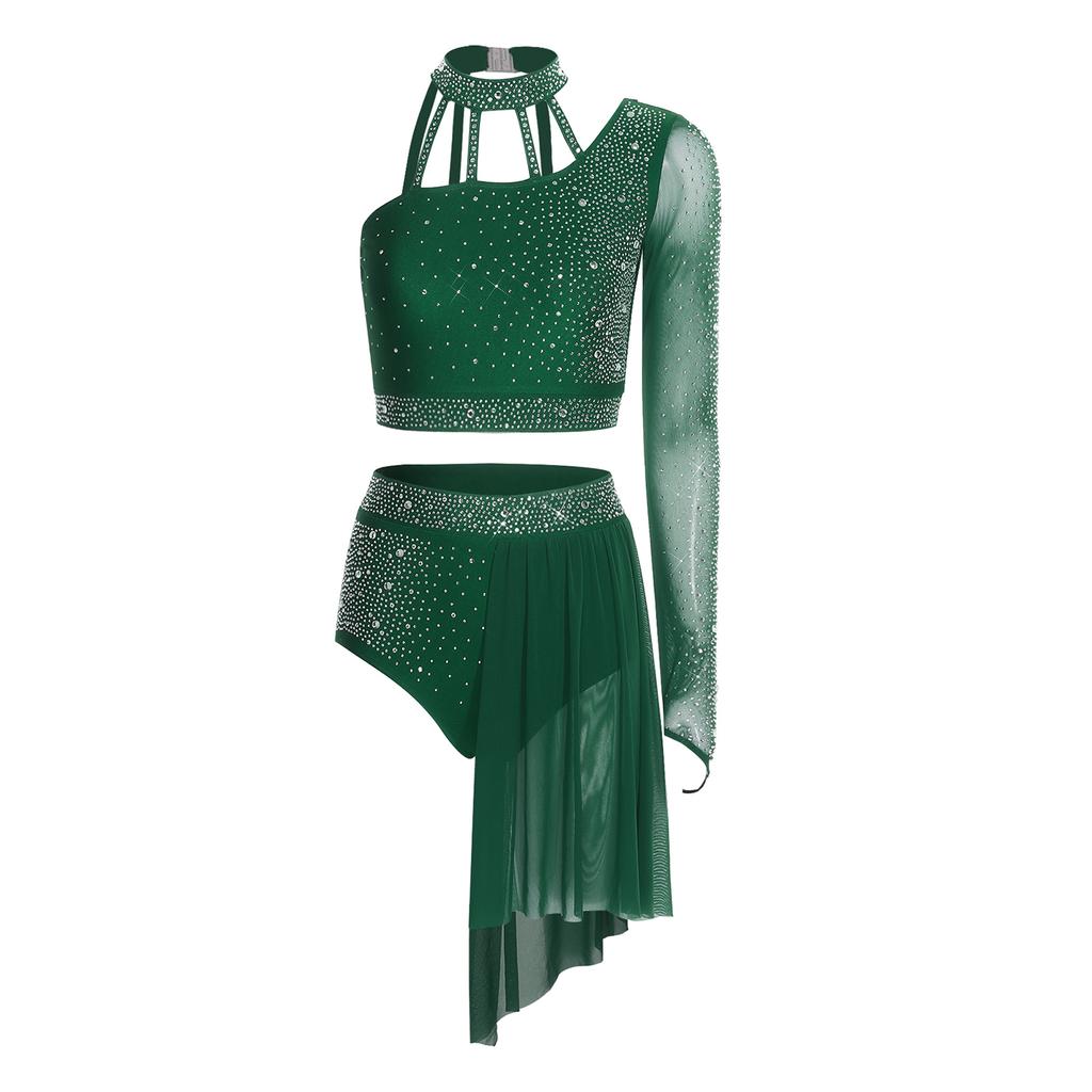 Completo da Donna Crop Top e Pantaloncini Scollo all'americana Manica Lunga Singola Schiena con Laccetti Orlo Asimmetrico in Rete Strass Danza Latina