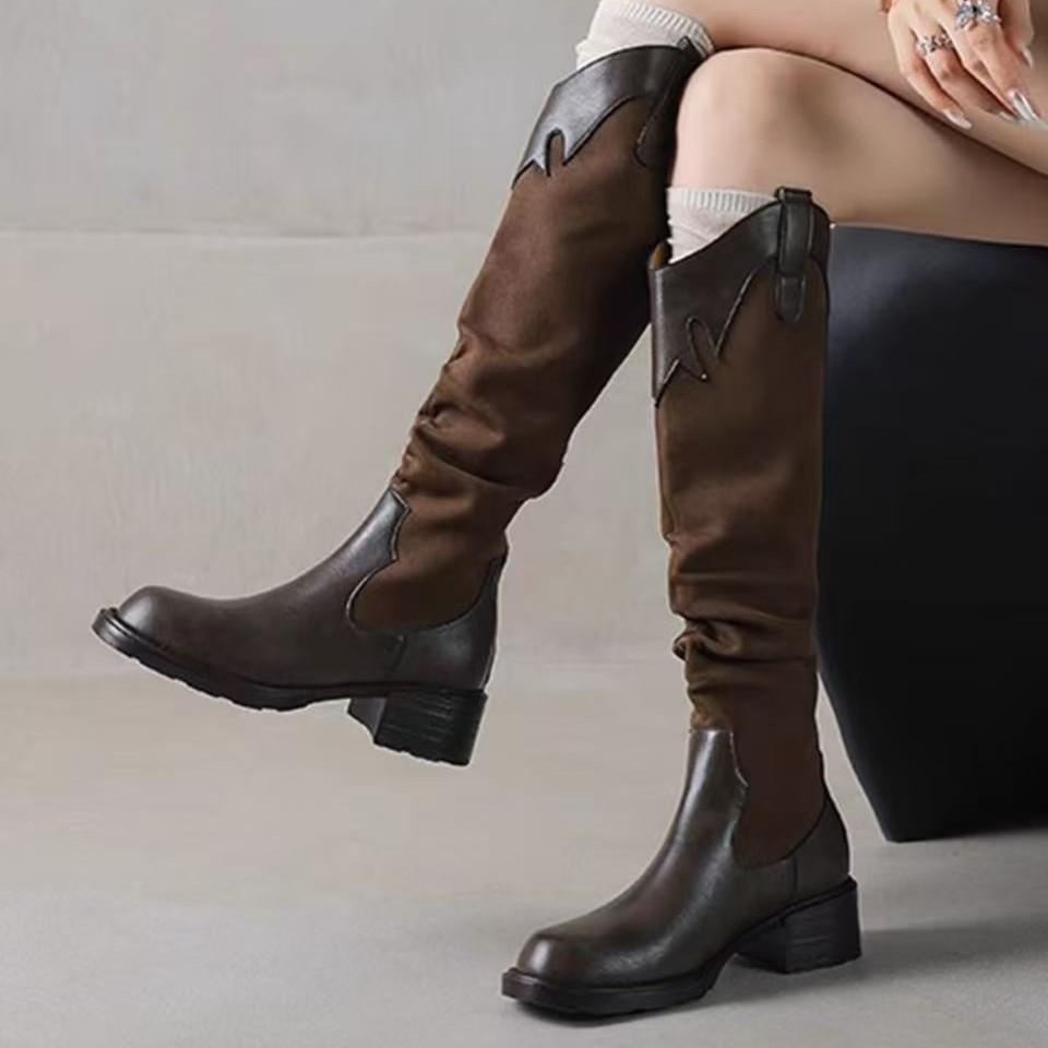 Cowhide Version~ Leather Stacking Boots American Retro Thick Heel Western Cowboy Boots Female Knight Boots V-mouth Boots