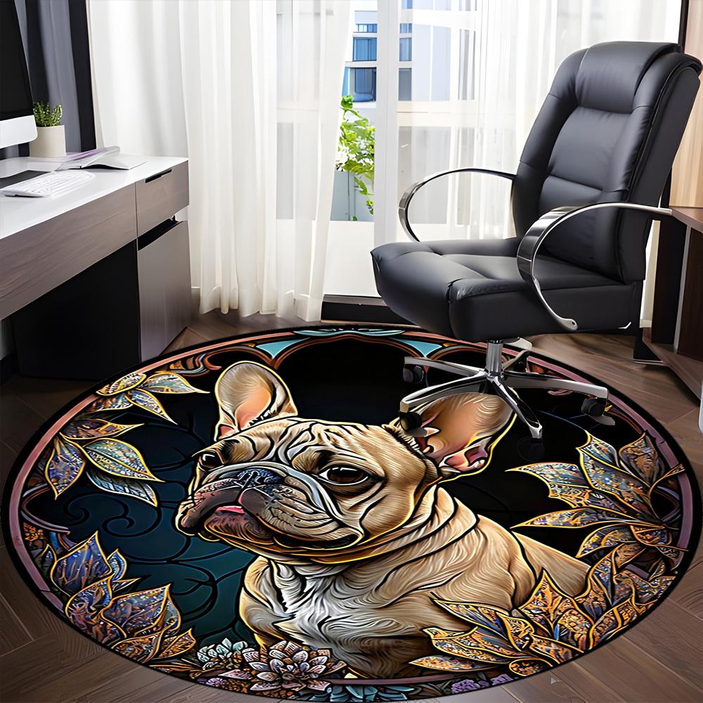 1PC Stained Glass Bulldog Office Round Area Rug, Mat Suitable ForOffice, Under Office Chairs Bedroom Living Room Home Decor, Room Deco