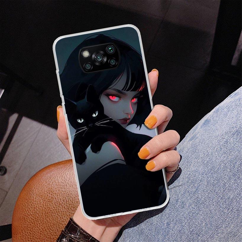 Anime Girls Cute Black Cat Phnoe Case for Xiaomi Poco X5 X6 X7 Pro X4 Gt F7 Ultra M8 M7 Redmi 15C 15 13C 13 12C 12 Unique Cover