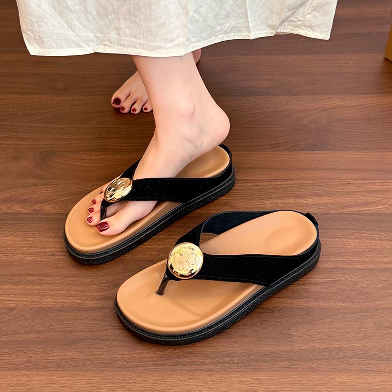 French Retro Metal Buckle Herringbone Toe Cool Slippers Women's 2025 New Shallow Mouth Inner Height Increase Casual Single Shoes Sandals