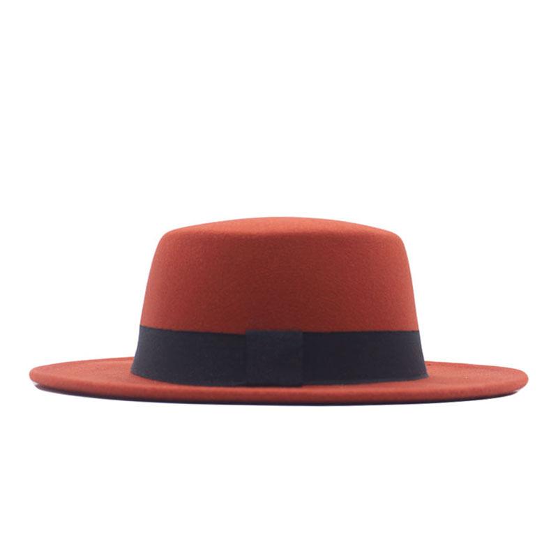 Retro British style black ribbon flat top top hat couple men and women spring and autumn woolen thermal hat