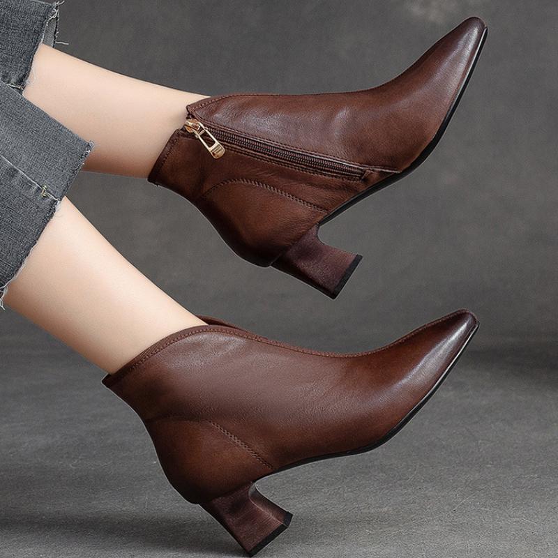 Johnature High Heel Pointed Toe Women Boots Vintage Genuine Leather Versatile Temperament Lady Shoes