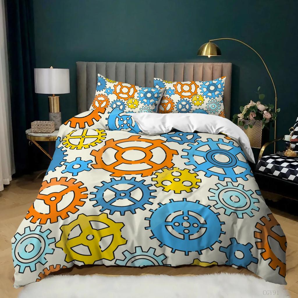 Industrial Gear Bedding Steampunk Style Duvet Cover King Queen Metal Mechanical Device Polyester Quilt Cover for Teens Men Black