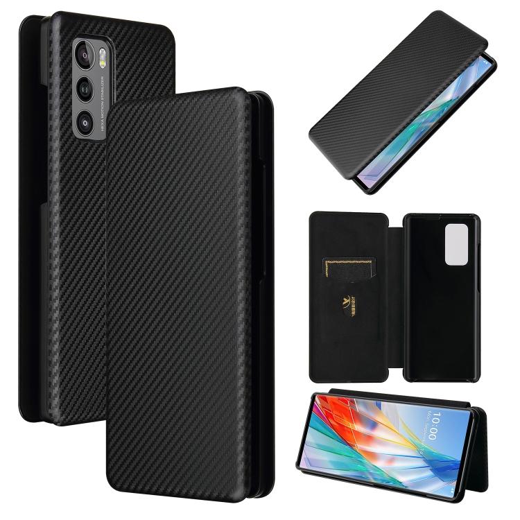 Dla LG Wing 5G Etui z Teksturą Włókna Węglowego, Poziome Flip, TPU + PC + Skóra PU z Miejscem na Karty