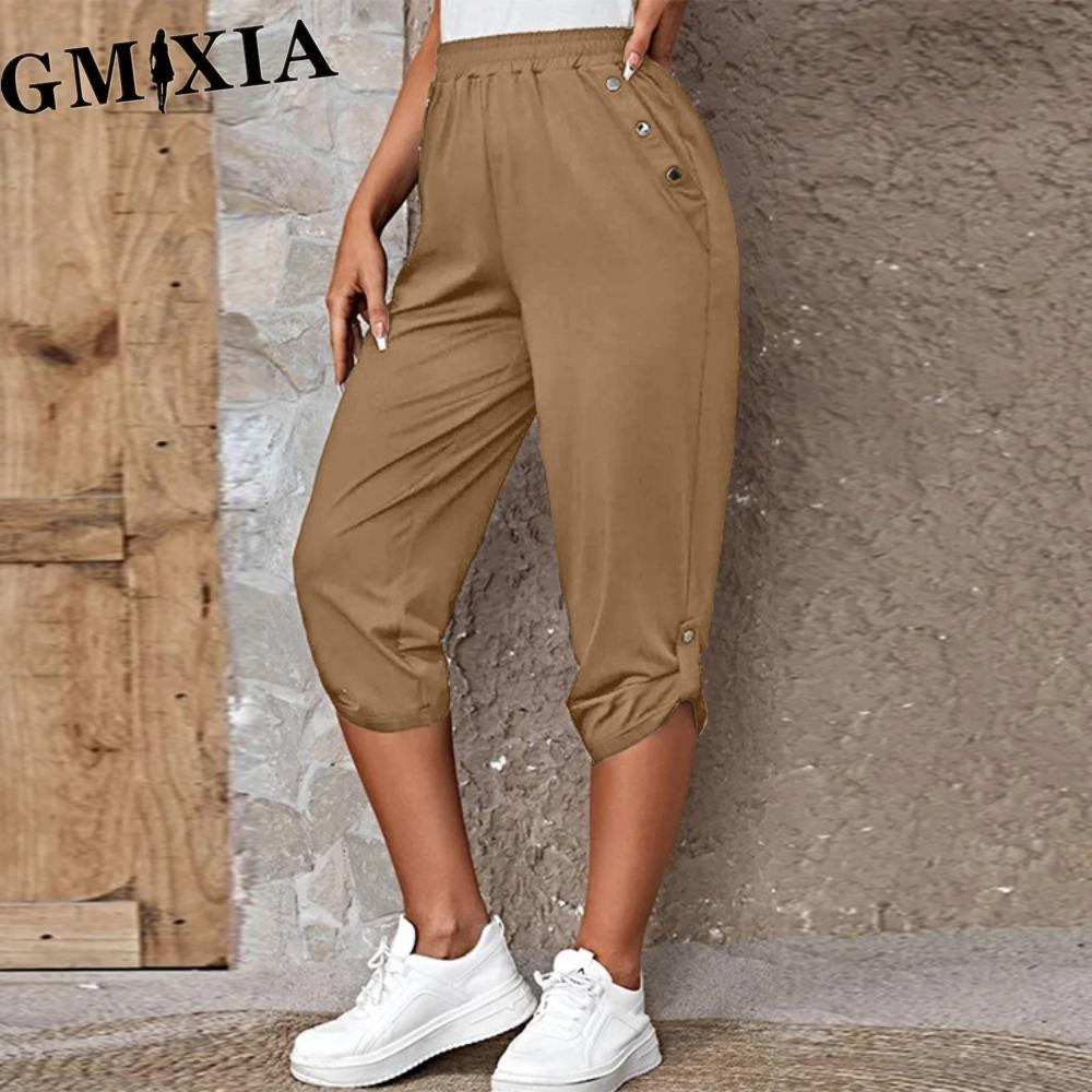 

GMXIA Women s Cropped Trousers with Pockets and Elastic Waist, Summer Buttons Trousers XXXL хаки