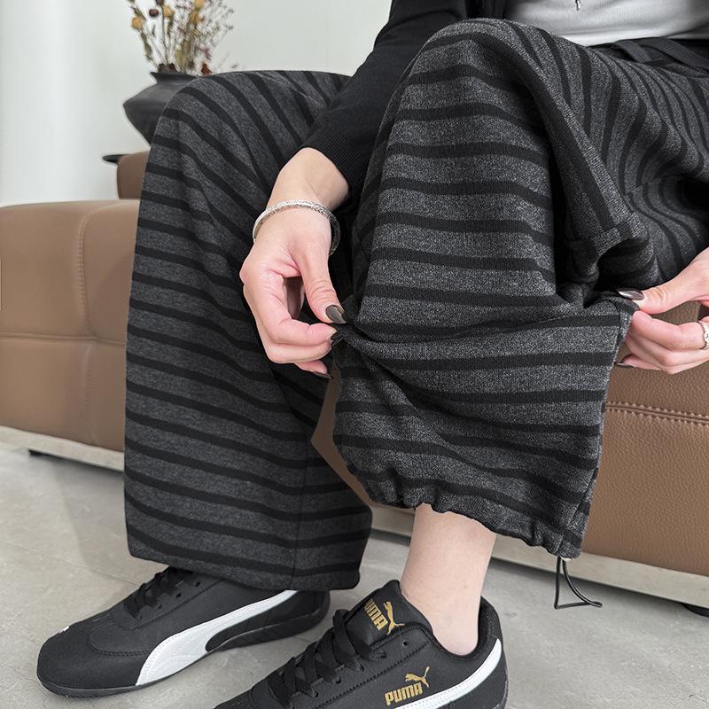 Women's High Waist Gray Striped Wide-Leg Pants - Early Spring 2026 Casual, Slimming, Relaxed Fit