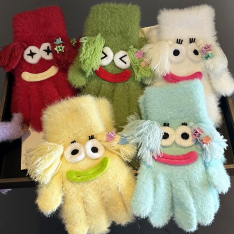 Korean version Cute funny ugly cute gloves winter female velvet warm windproof cold student riding touch screen five fingers