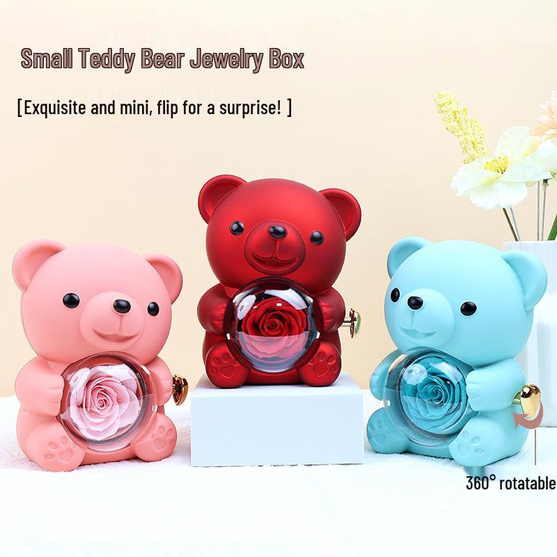 Rotating Acrylic Jewelry Box with Teddy Bear & Eternal Rose for Valentine's Day