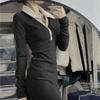 KOSY Sexy Black Mini Dress Women Korean Streetwear Casual Polo Collar Button Up Knitted Long Sleeve Dress with Corset Women's A-line Dresses 2022 Hit