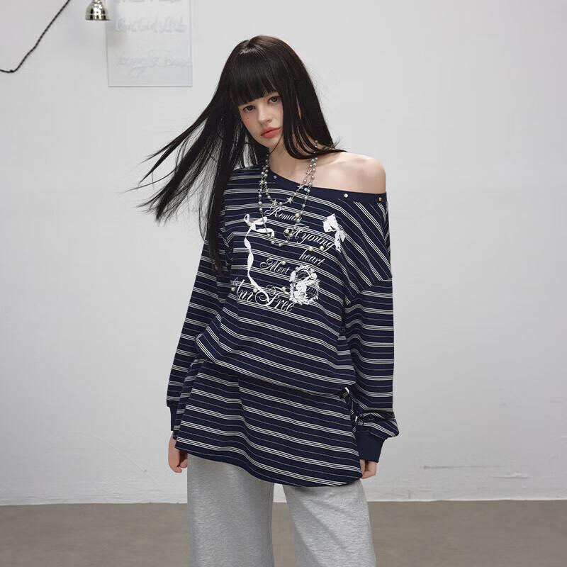 UNIFREE American Style Striped Off-Shoulder Long Sleeve T-Shirt M