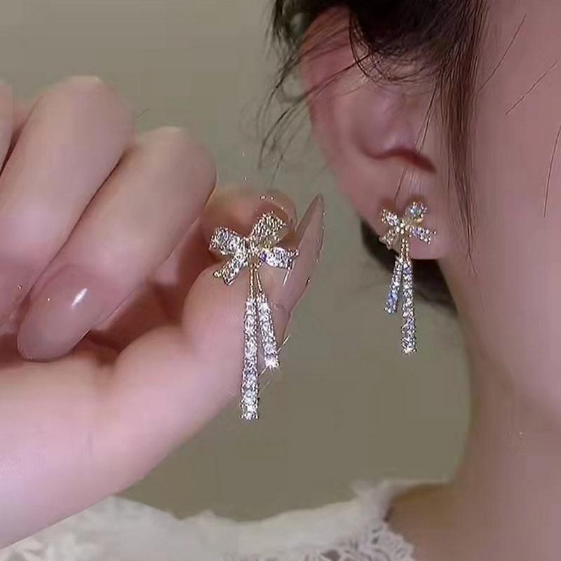 Korean Shiny Rhinestone Bowknot Stud Earring For Women Sweet Zircon Pearl Love Heart Geometrical Earring Girl Wedding Jewelry