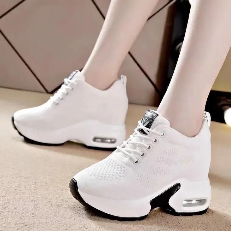Women Mesh Breathable Casual Sneakers Women Spring Platform Heels Wedges Height Increasing 2023 Knitted Ladies Vulcanized Shoes