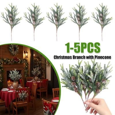 13in Christmas Fake Frosted Pine Pick with Pinecones Stems Artificial Flocking Pine Pick for Wreaths Garden Party Holiday Decor