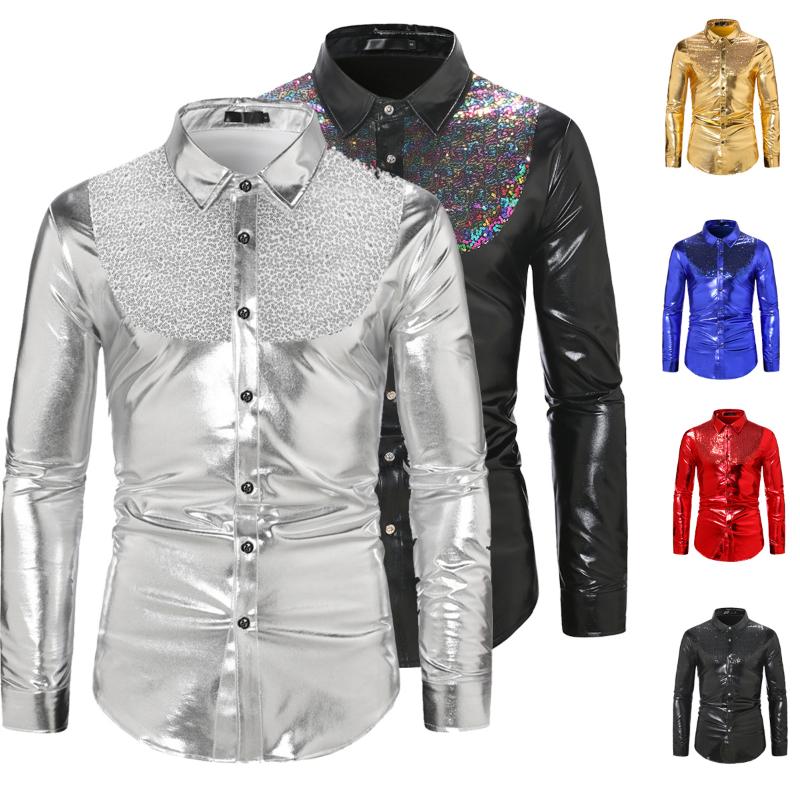 Mens Sequin Long Sleeve Shirt Party Nightclub Dance T-Shirt Shiny Button Tops