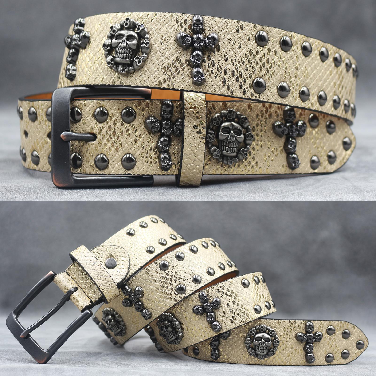 

Y2K Metal Punk Rock Rivet Belt Punk PU Leather Belt Threads Studded Goth Belt with Skull for Women Men 125cm золотий