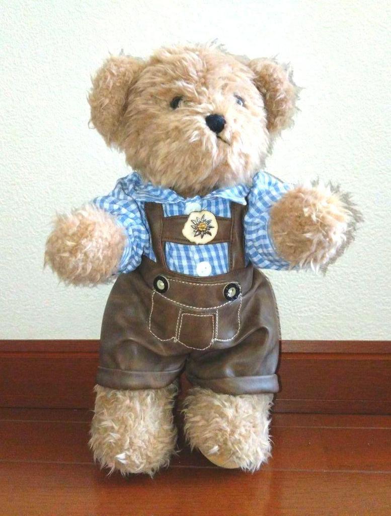 [USED] Teddy bear in Oktoberfest costume: gingham shirt and overalls