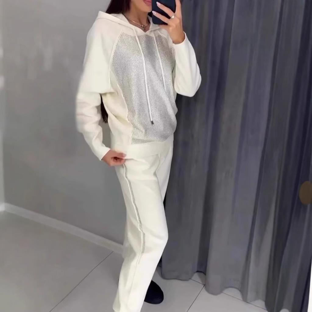 Women's Sets Plus Size Solid Color Long Sleeves with Pockets Rhinestone Hooded Sweatshirt Trousers 2 Piece Set