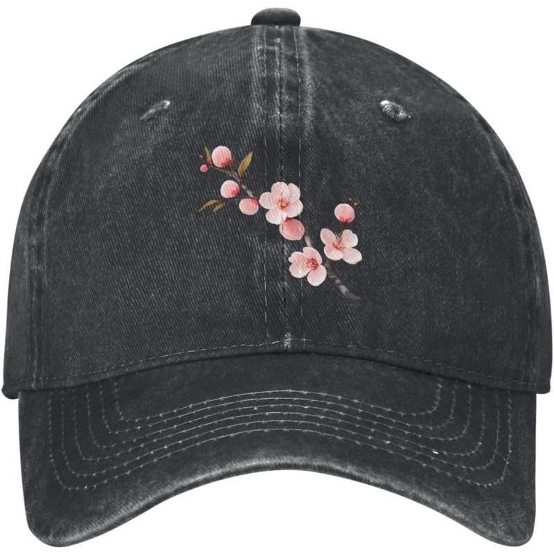 Black Beautiful Peach Blossom Branches Printed Washed Cowboy Baseball Cap for Adults Stylish and Breathable Hat