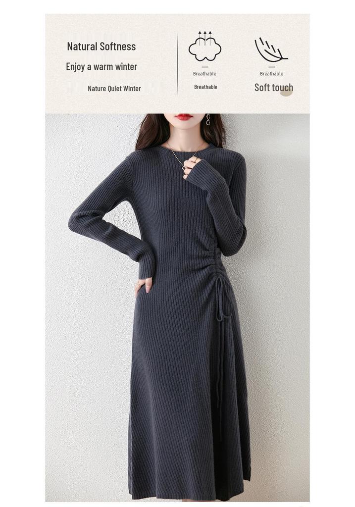 Women's Cashmere Knit A-Line Dress - Mid-Length, Round Neck, Over-the-Knee, 100% Pure, Casual and Versatile