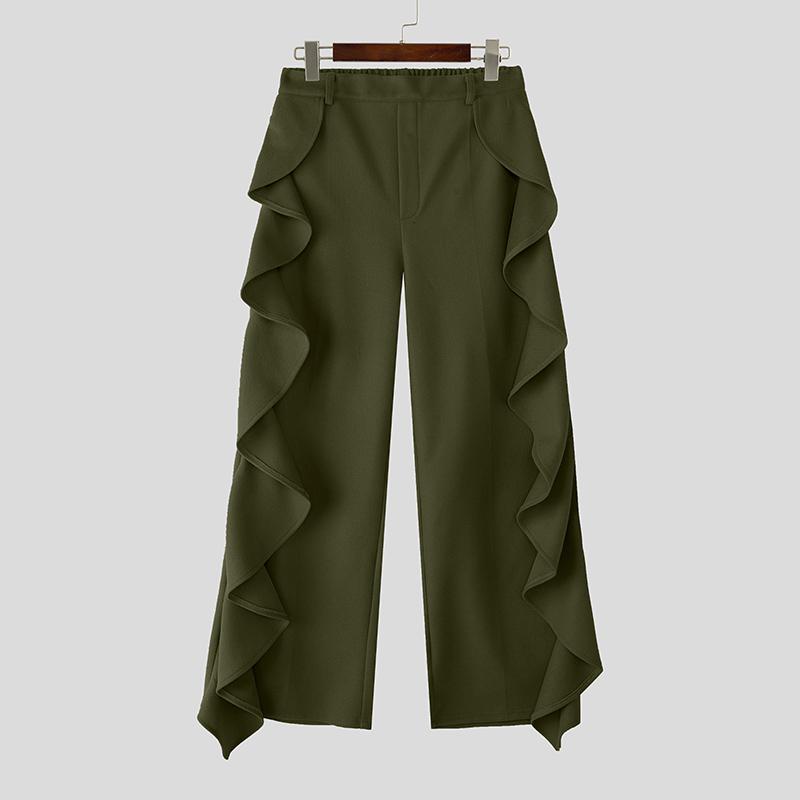 INCERUN Autumn Men Elastic Waist Irregular Ruffled Casual Long Straight Pants Trousers