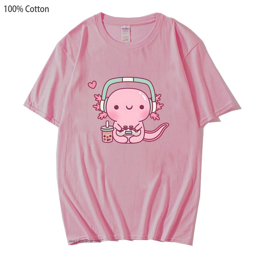 T-shirt mignon Axolotl jouant aux jeux vidéo Dessin animé Gamer Imprimé drôle T-shirt Vêtements pour femmes Vêtements pour hommes Y2k T-shirt en coton