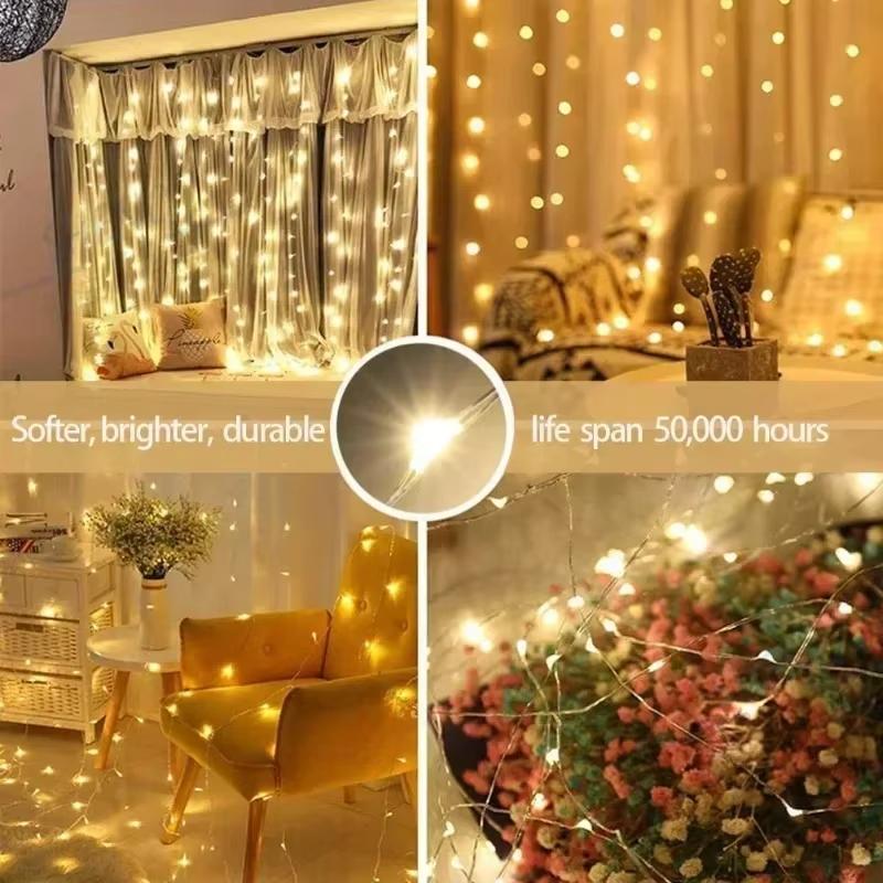 USB Curtain String Lights LED Christmas Light 8 Modes Decor Christmastide New Year Valentine's Day Indoor Bedroom Wedding Party