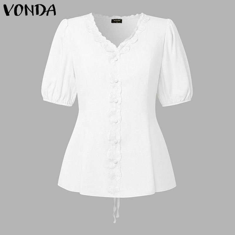

VONDA Women V Neck Short Sleeve Back Lace-up Crochet Hem Casual Blouse S